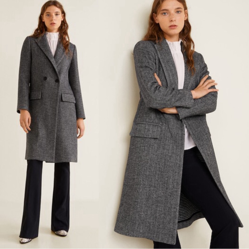 MANGO NWT Black White Gray Herringbone Wool Blend Coat Classic Wool Trench Coat